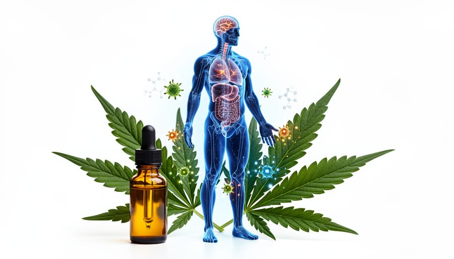 Close-up of CBD-rich hemp flower showing trichomes and plant structure