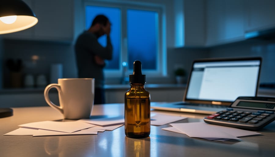 Close-up of an unlabeled amber CBD oil dropper bottle on a kitchen table next to a mug and envelopes, with a worried adult homeowner blurred by a window at night; mixed cool blue and warm lamp lighting, out-of-focus laptop and calculator without visible text.