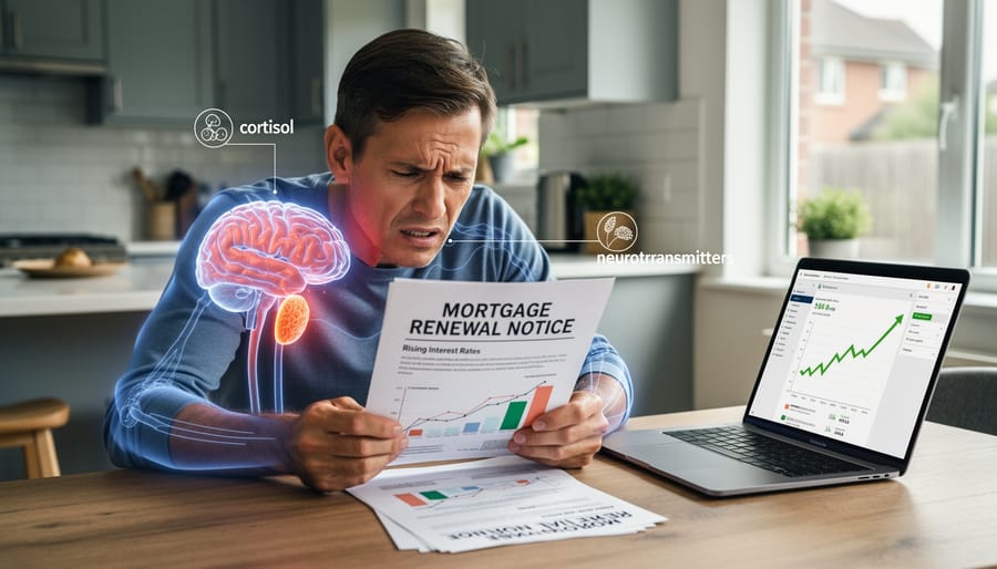 Hands gripping desk edge with mortgage documents showing physical manifestation of financial stress