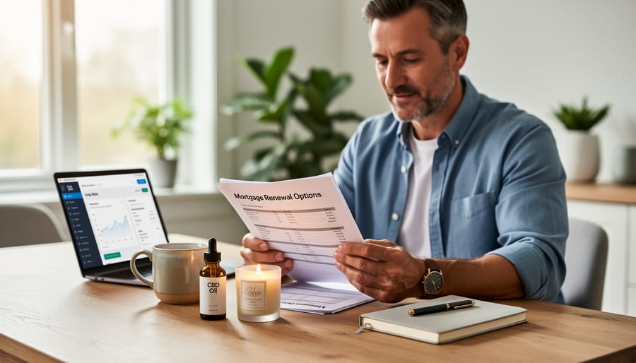 Person sitting calmly with coffee and laptop in peaceful morning setting