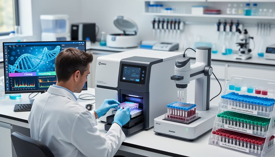 Research scientist examining bacterial colony cultures in modern laboratory setting