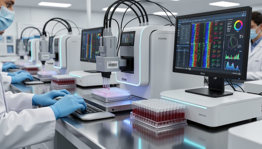 Scientist loading DNA sample tubes into automated sequencing equipment in laboratory