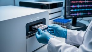 Gloved scientist inserting a DNA library cartridge into a benchtop DNA sequencer, close-up from a slight overhead angle, with blurred lab equipment and monitor in the background.
