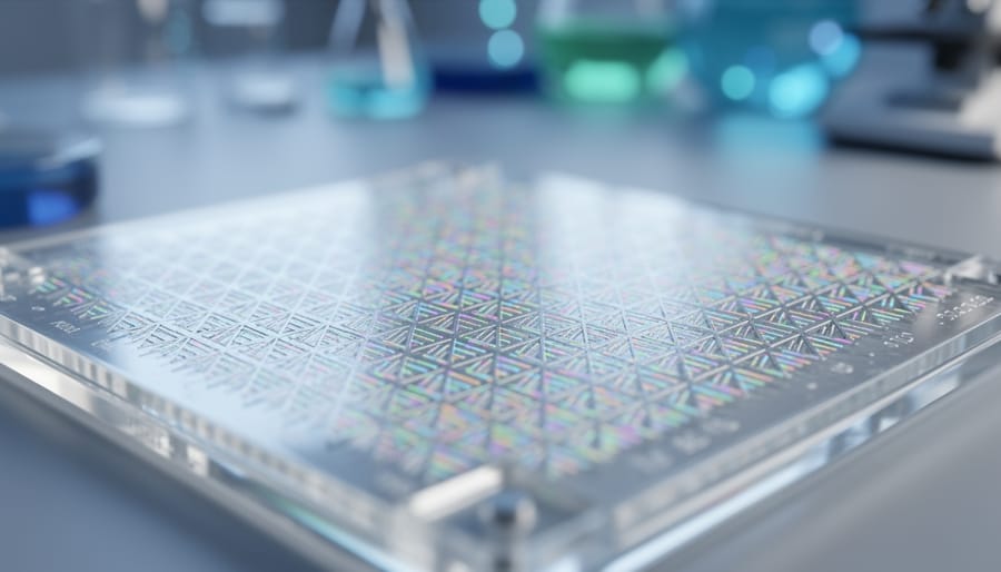 Close-up view of DNA sequencing flow cell showing microfluidic channels