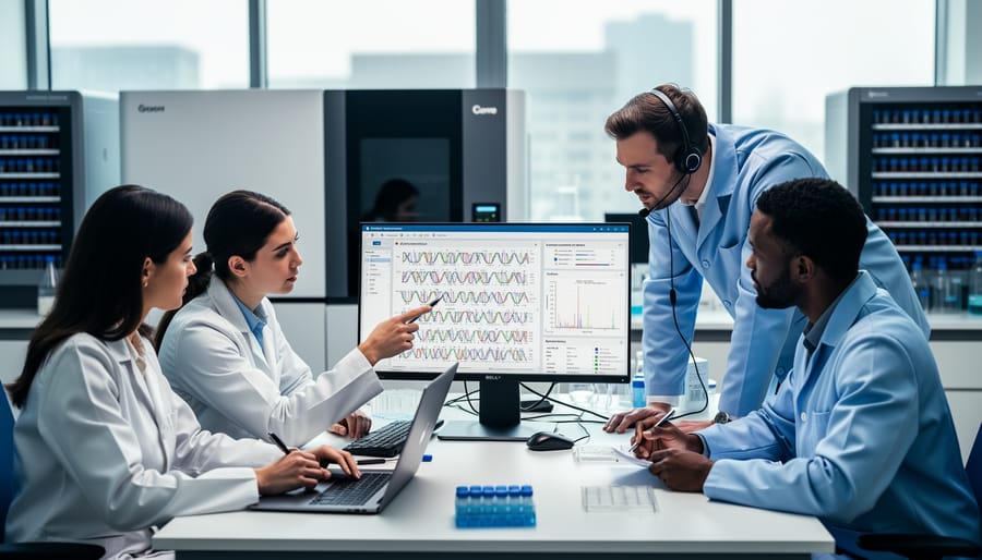 Team of scientists collaborating on DNA sequencing data analysis in laboratory