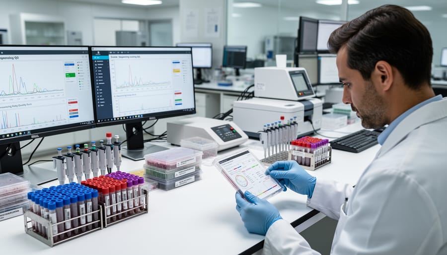 Wide view of a laboratory quality-control area with instruments and sealed sample bags