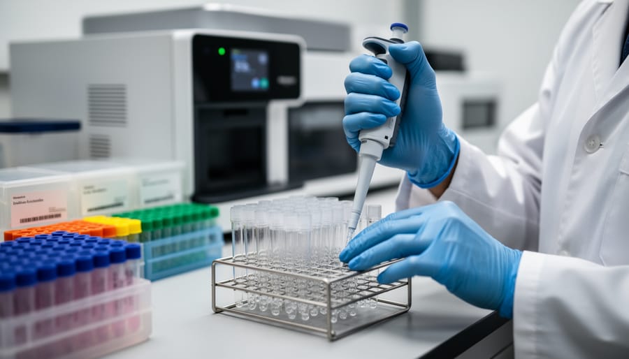 Scientist in a lab coat handling a reagent box near a lab instrument