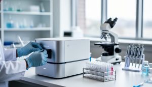 Gloved researcher adjusting a modern DNA sequencing instrument in a clean genomics lab environment with sample racks nearby.