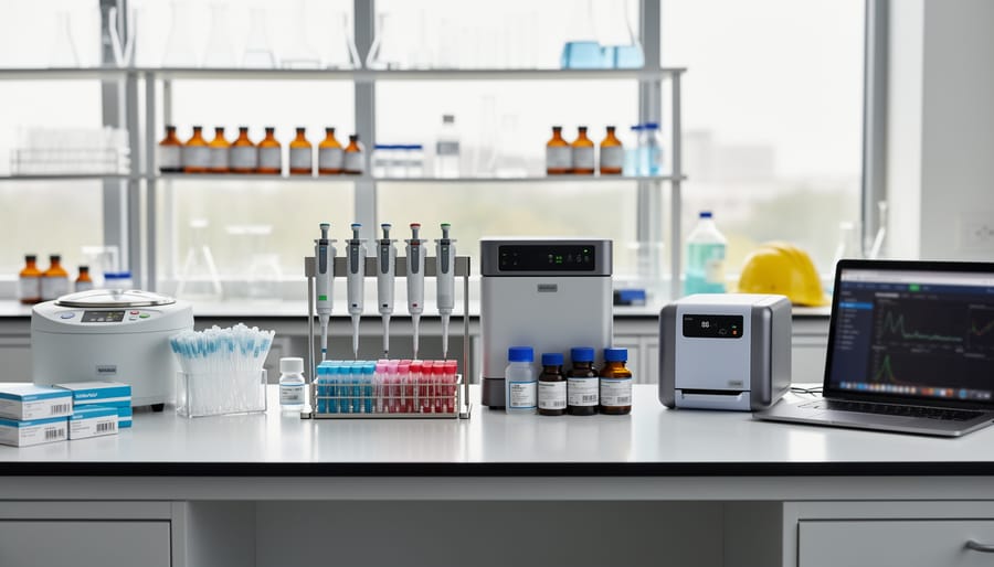 Laboratory bench with microcentrifuge tube rack and pipette tips in a clean research setting